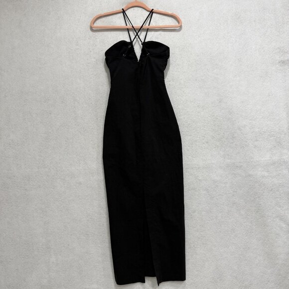 Zara Dress Womens XS Black Strappy Bodycon Midi Ruched Front Slit Evening - Picture 4 of 9